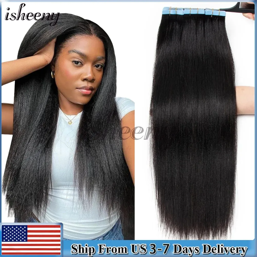 Invisible Tape In Human Hair Extensions Light Yaki Straight Tape ins Remy Hair Nature Black Color 1B# 12-24 Inches Easy To Wear