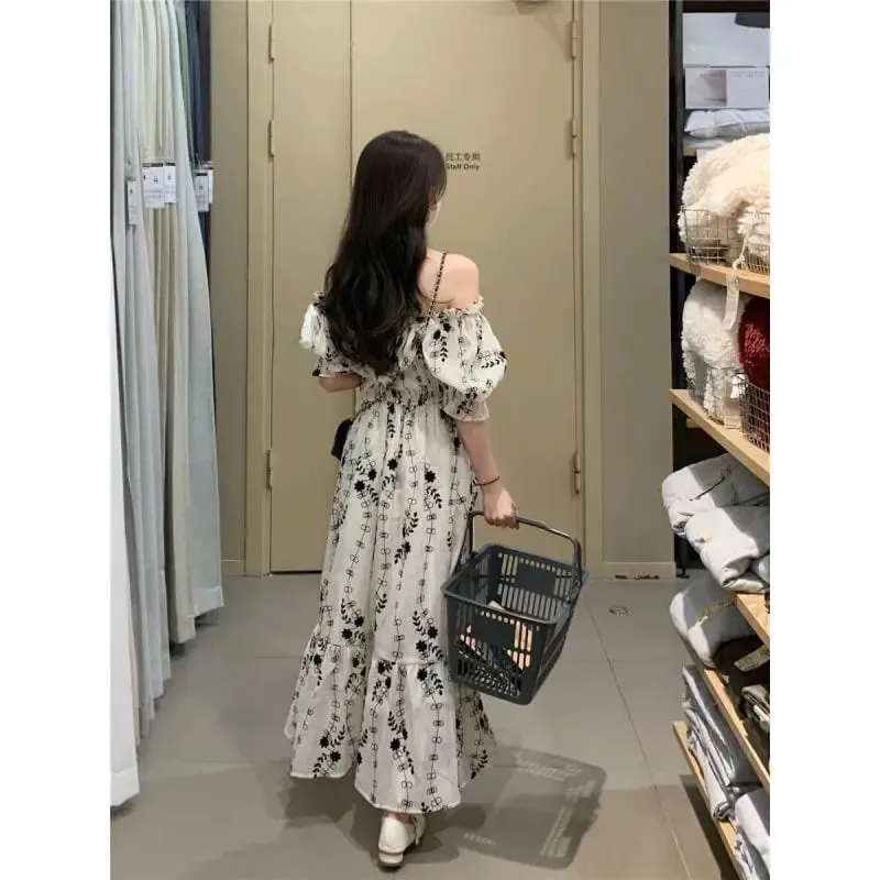 Women Off‑Shoulder Puff Sleeve Maxi Dress Floral Print High Waist Ruffle Long Summer Dress