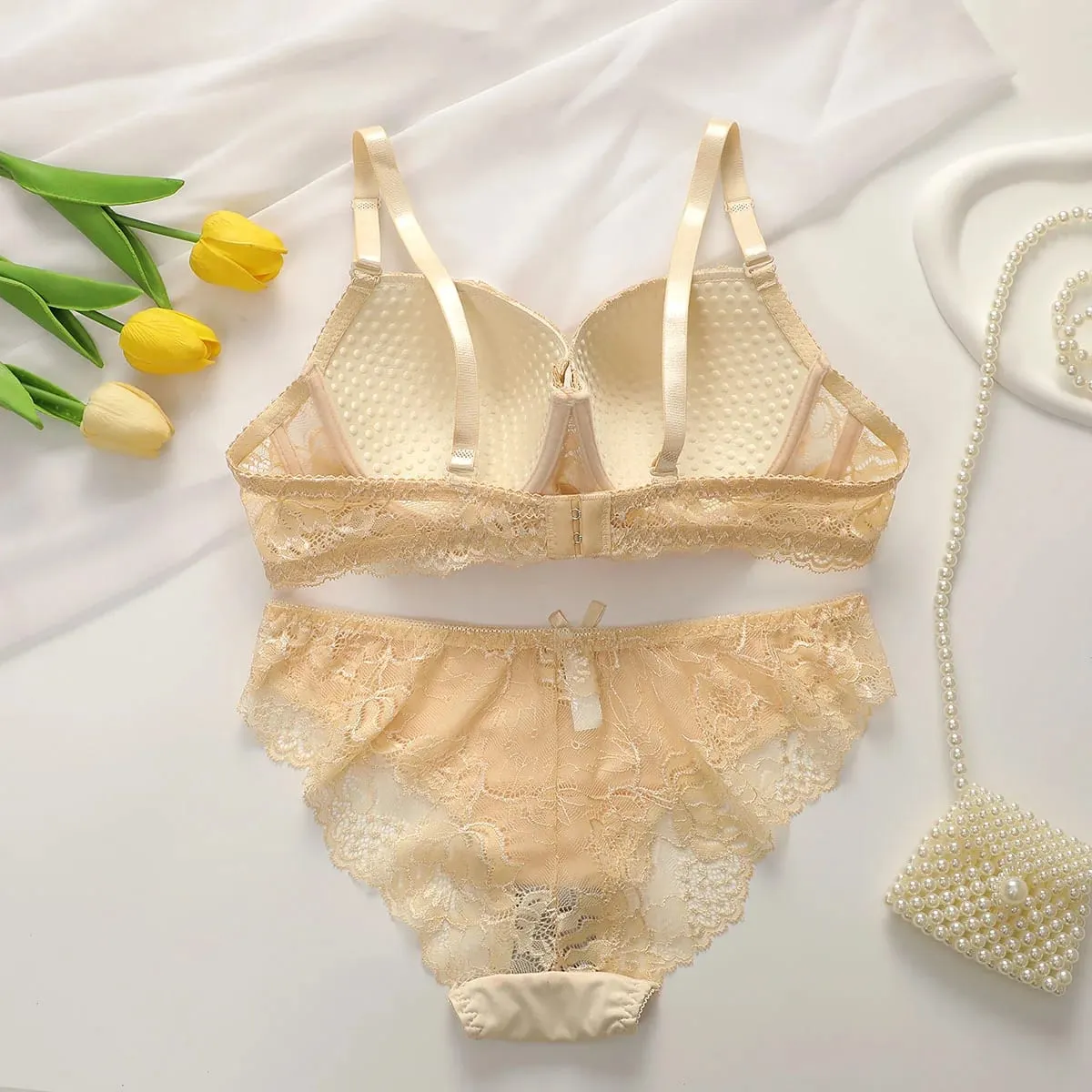 2Pieces Bras and Panty Sets Sexy Lace Transparent Floral Clothing Underwire Push Up Lingeries For Woman