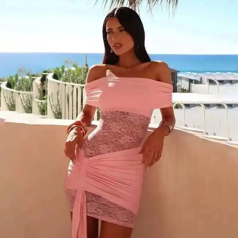 Townlike Pleated Slim Bodycon Dress Women Off Shoulder Mini 2025 Summer Dress Lace Patchwork Nightclub Sexy Party Dresses