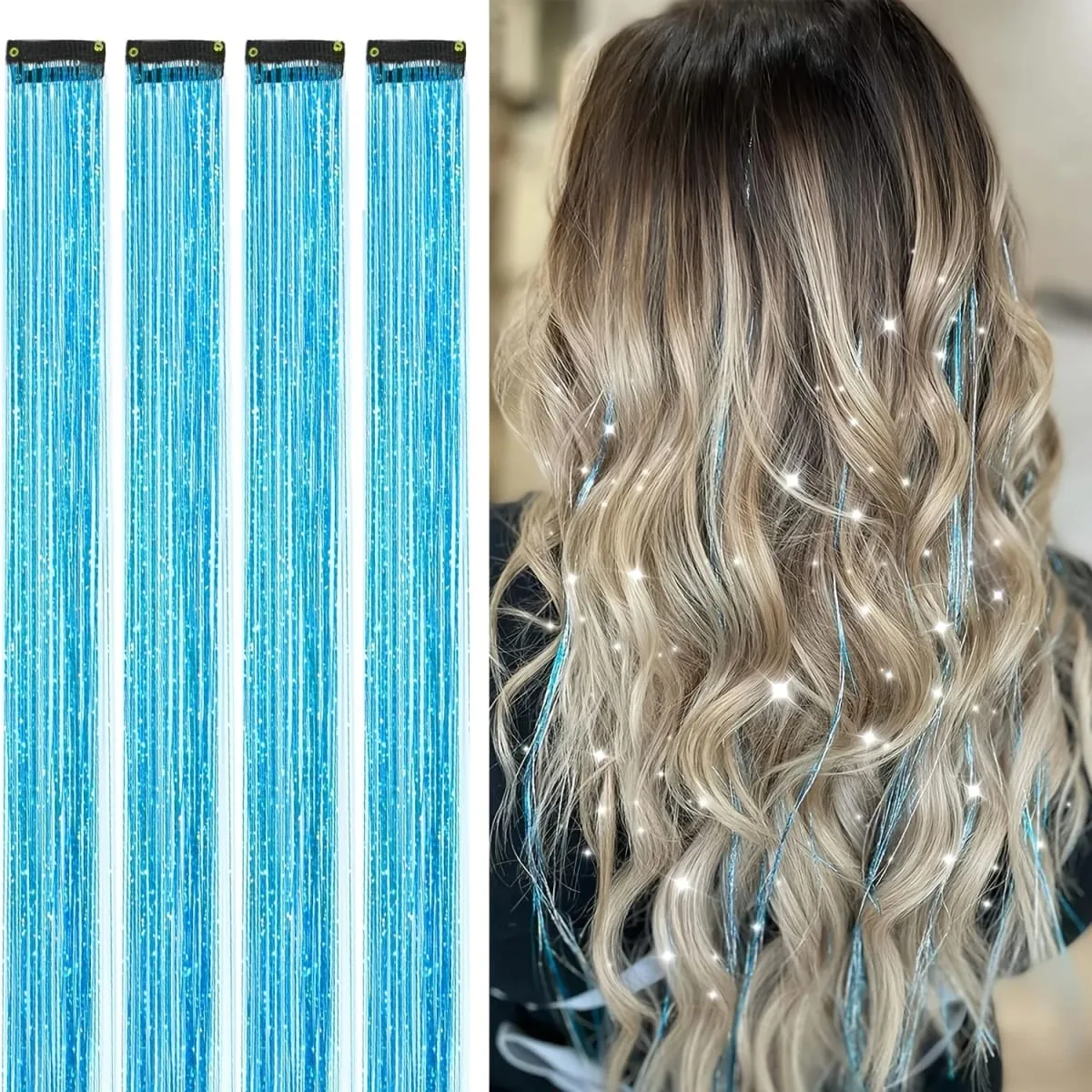 4pcs Clip-In Hair Tinsel Extensions Sparkly Holographic Glitter Hair Strands with Snap Clips Reusable Easy-To-Wear Hair