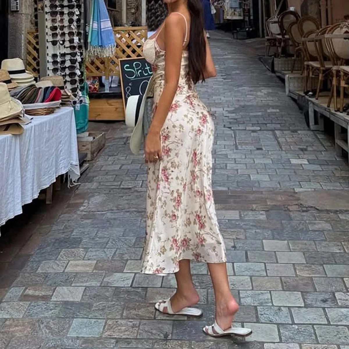 French Sexy Lace Satin Dress Women Sleeveless V-neck Spaghetti Strap Party Dresses Summer Vacation Boho Party Vestidos
