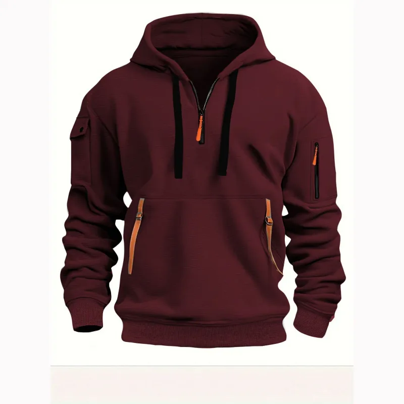 Autumn Men Half Zip Hoodie Multi Zipper Pocket Long Sleeve Pullover Drawstring Hooded Sweatshirt Outdoor Casual Loose Street .