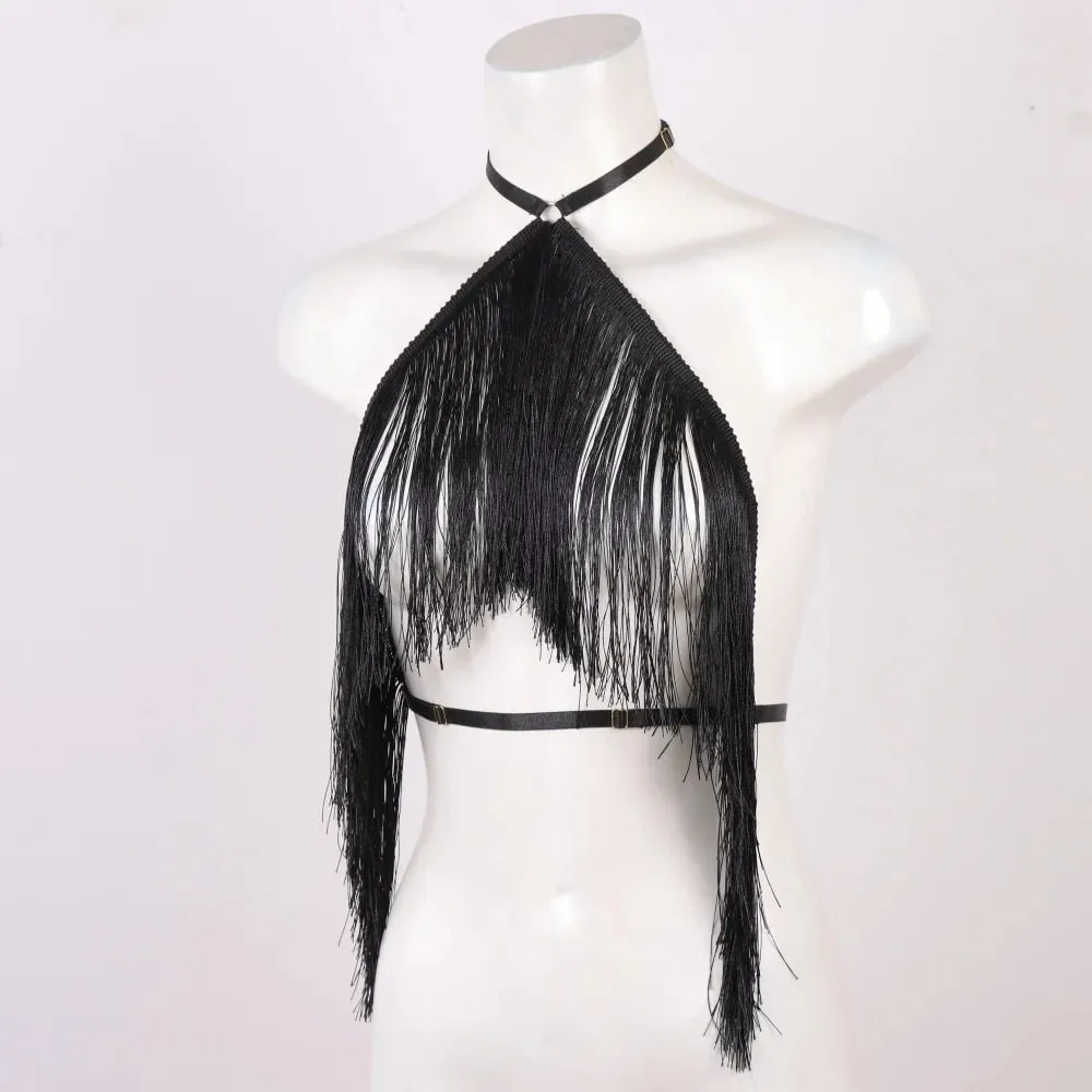 Women'S Black Tassel Halter Top-Adjustable Elastic Harness All-Season Wear Casual Attire Top Tassel Detail Top — image 2