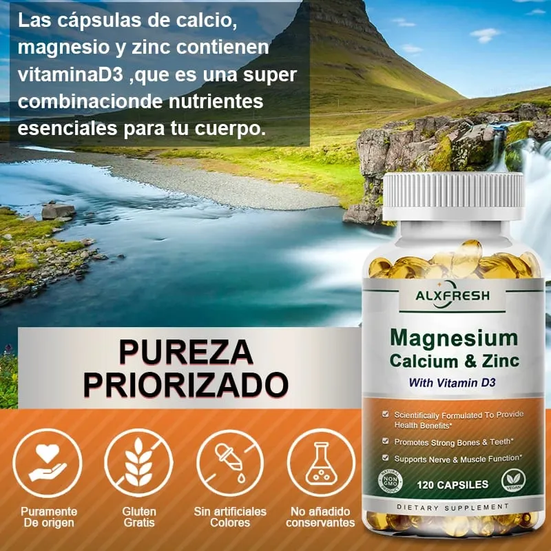 Alxfresh Calcium Magnesium Zinc & Vitamin D3 Capsules for Immune System Bone Nervous System Health Support | Non-GMO Vegan