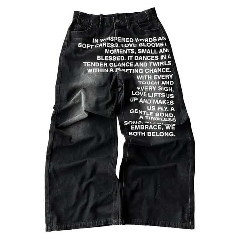 American Retro Men Alphabet Patterned Letter Jeans High Street Clothing Y2K Goth Women Unisex Baggy Casual Wide Leg Mopping Pant