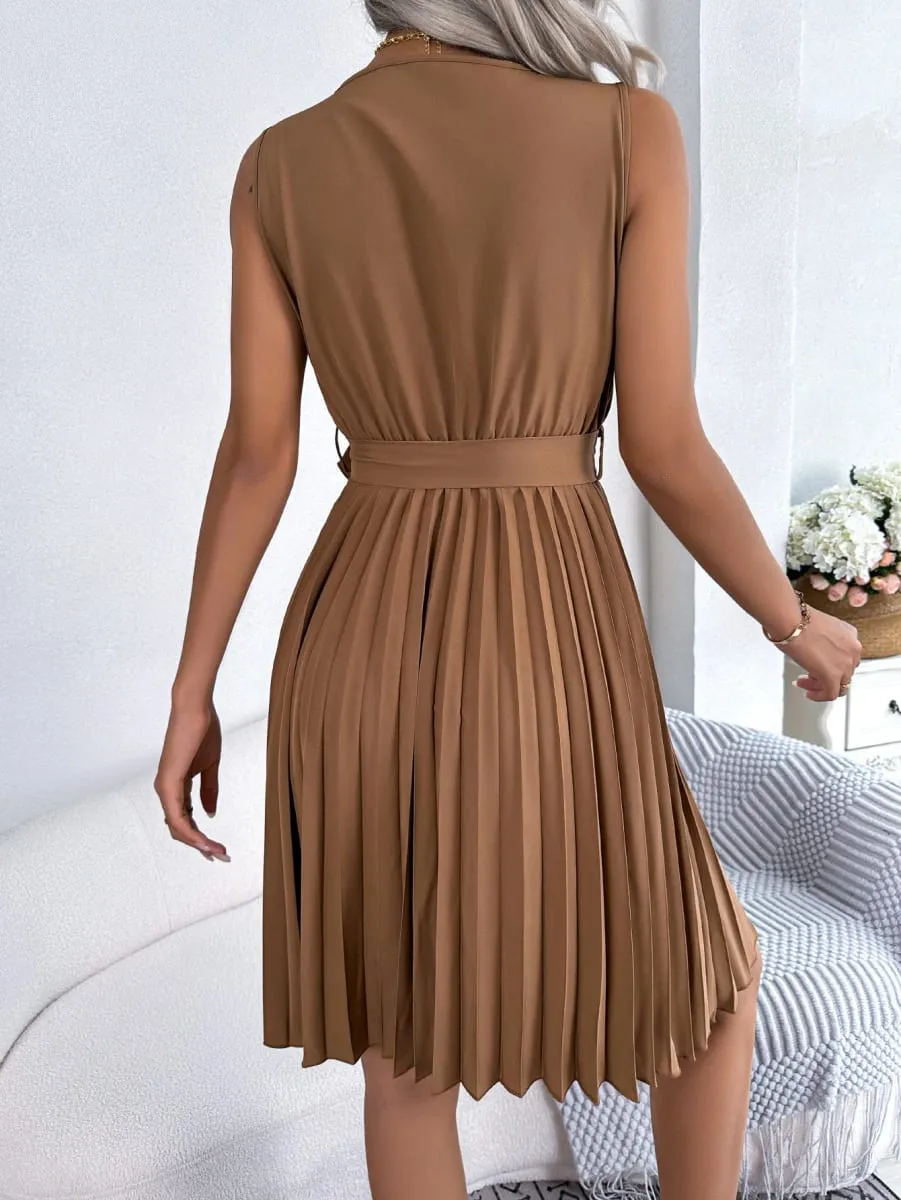 Women's Summer Casual Elegant Sleeveless Dress with Cross V-Neck Tie-Waist & Pleated Detail in Solid Color — image 2