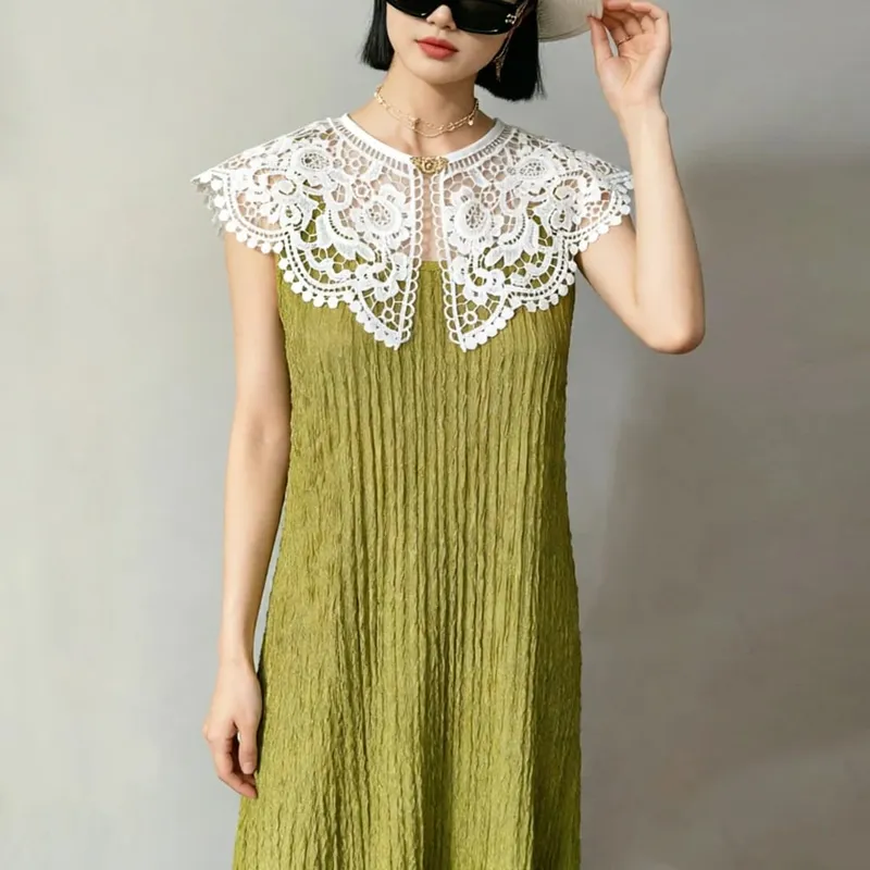 Pleated Sleeveless Elastic Long Dresses Women Vintage Palace Style Womens Black White Doll Fake Collar Soft Midi Dress Clothing