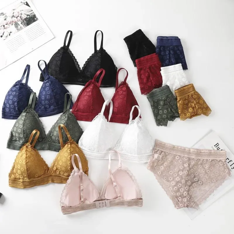 Lace Back Women Bra Set Without Steel Rims French Triangular Cup Comfortable Chest Covering Stretchable Skin Friendly Underwear
