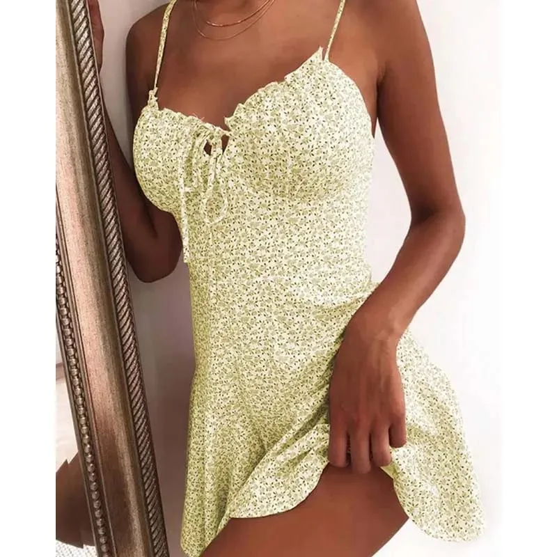 Μίνι φορέματα με floral print A Line Sexy Lady Dating Camisole Στράπλες Φόρεμα χωρίς πλάτη Boho Solid Beach Clothing