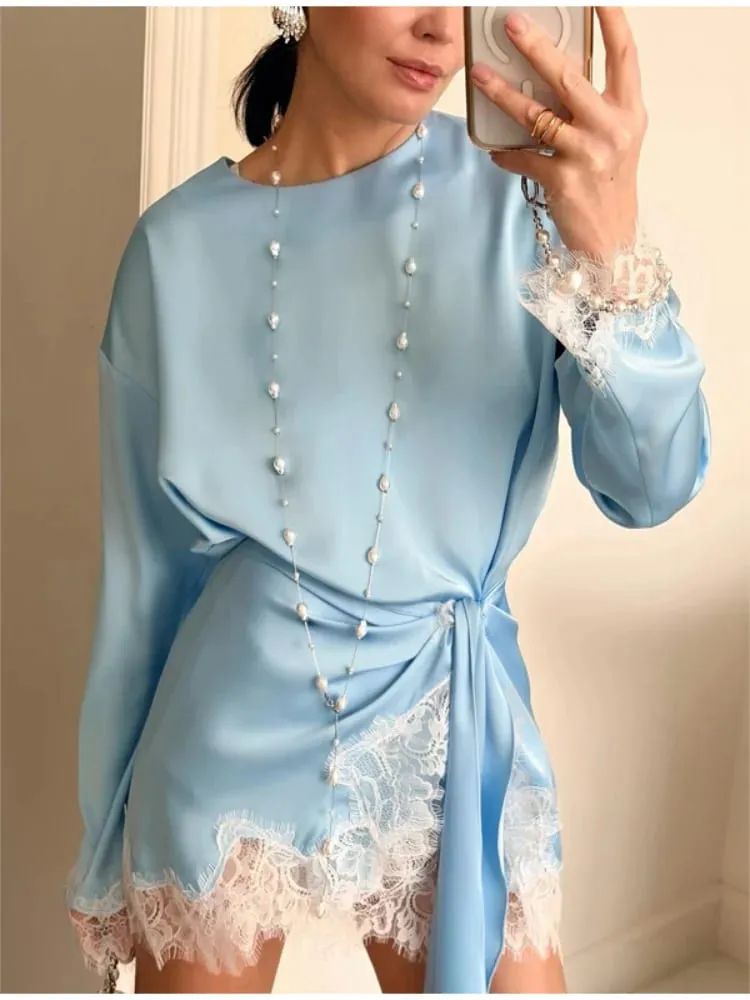 Women Elegant Lace Patchwork Lace-up Dress Solid Round Neck Full Sleeve Satin Loose Mini Dresses 2026 Spring Party Club Vestido