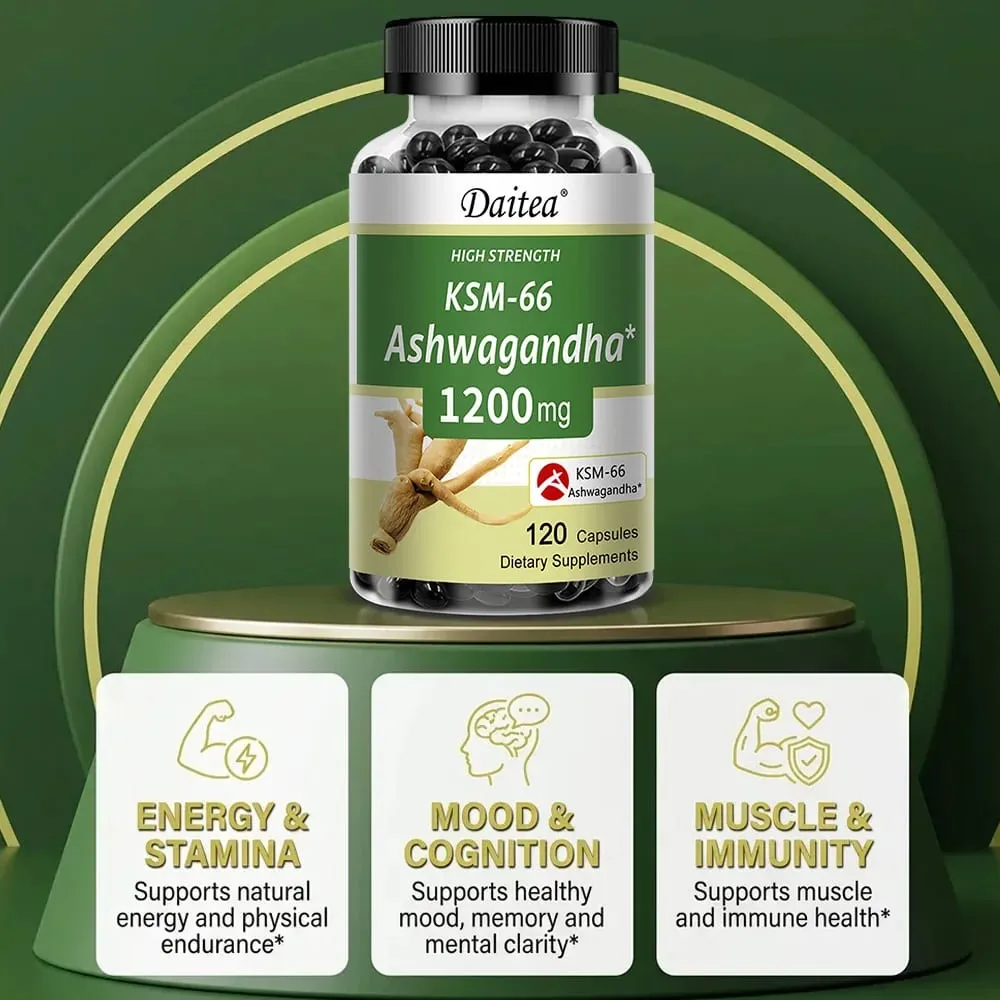KSM-66 Ashwagandha 1200mg Capsules Stress Relief Energy Focus Muscle Recovery & Mood Support Improves Athletic Performance