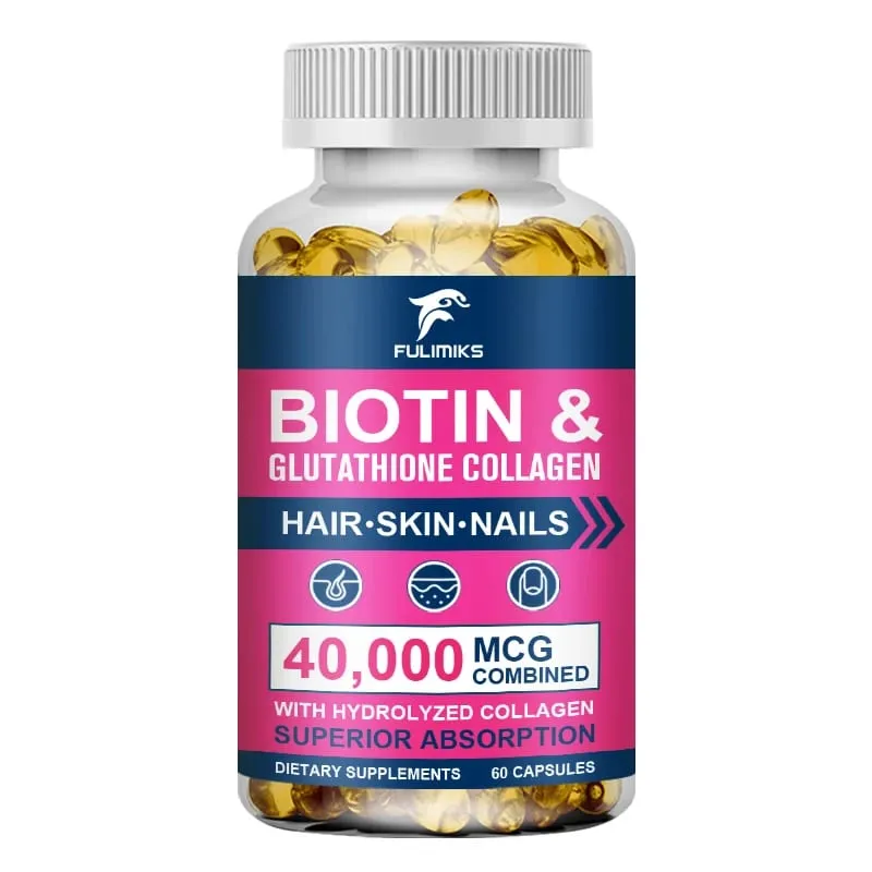Biotin 40000mcg Combined Capsules with Collagen & Glutathione Promotes Hair Skin Nail Health & Natural Beauty Vitality