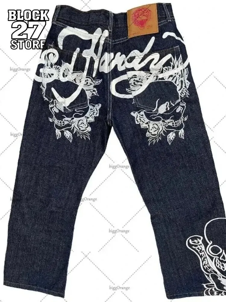 Mens Jeans Streetwear Y2K Vintage Straight Leg Denim Pants Skull Rose Flame Print Design Loose Fit Retro Punk Hip Hop Fashion