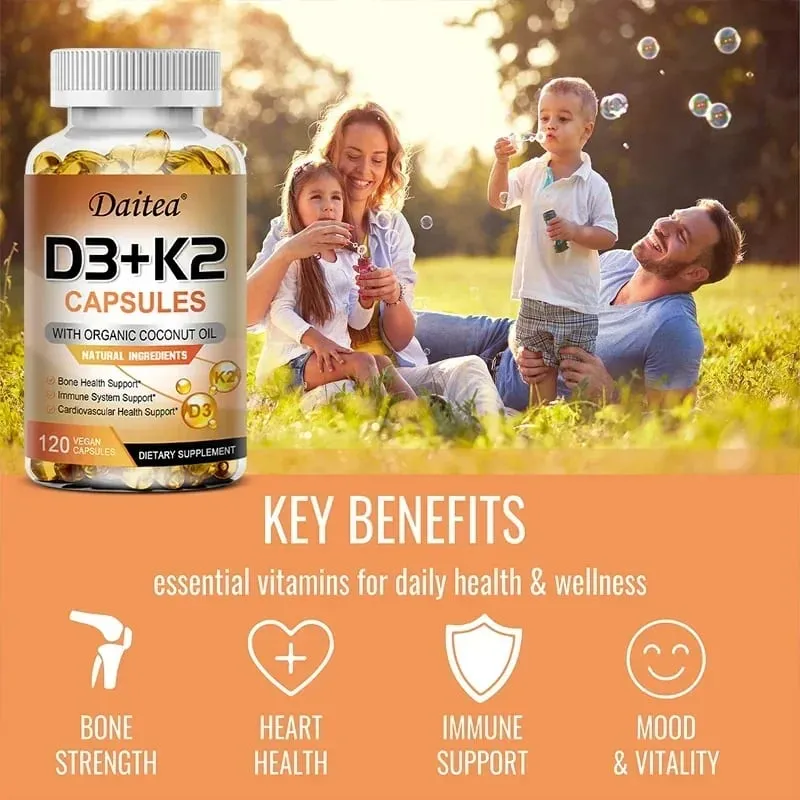Vegansk vitamin D3 K2 kapsler - Økologisk kokosolie - Dagligt tilskud for et sundt immunsystem og knogler Gluten- og sojafri