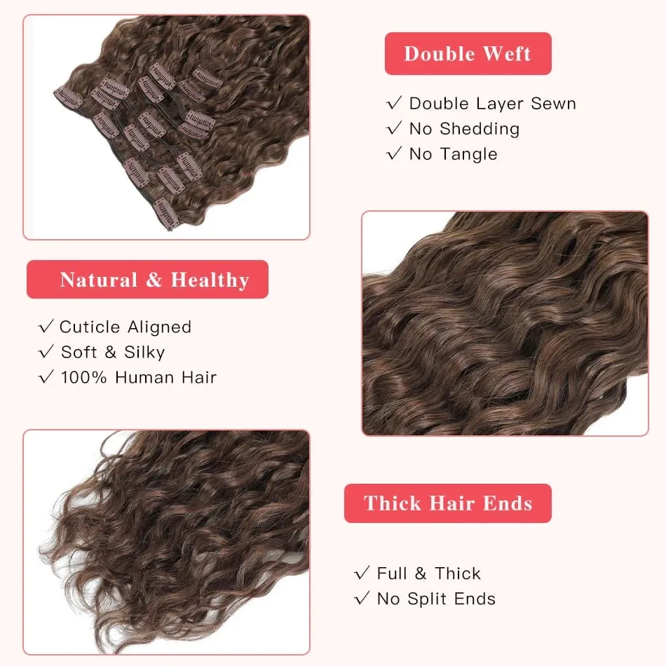 12A Curly Clip in Hair Extensions Brown Water Wave Real Remy Human Hair Clip in Extensions for Women Curly Clip Ins 7pcs 120g