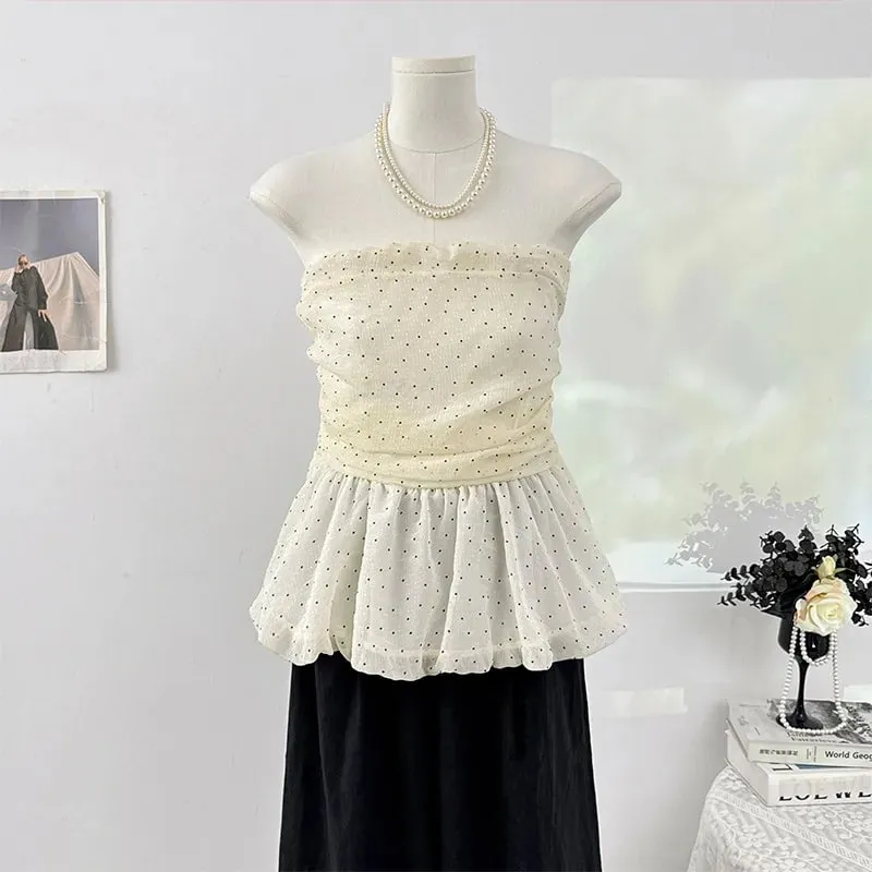 Sexy pleated dots Camis Chic tube top Slim Korean Tanks Top Elegant off shoulder Crop Top Summer Women Bustier