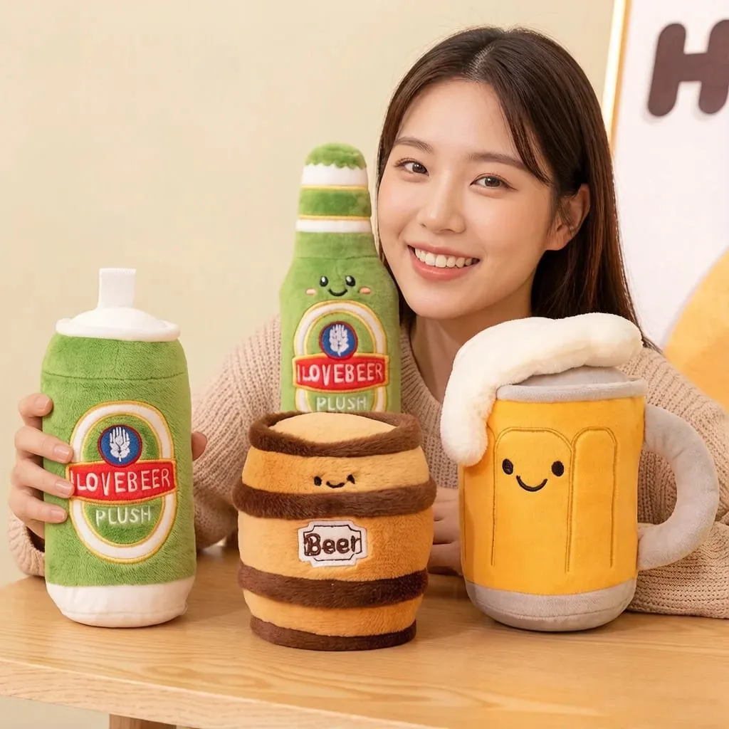 Bouteille de bière en verre 11 ~ 19cm, jolie canette de boisson, baril de bière, oreiller en peluche, peluche humanoïde Kawaii, accessoire de fête, cadeau pour homme
