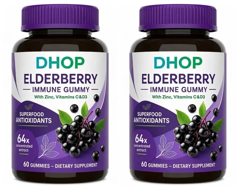 Black Elderberry Gummies 60pcs for Immune Support Sambucus Extract Zinc Vitamin C D3 for Adults Kids 2 Capsules Per Day