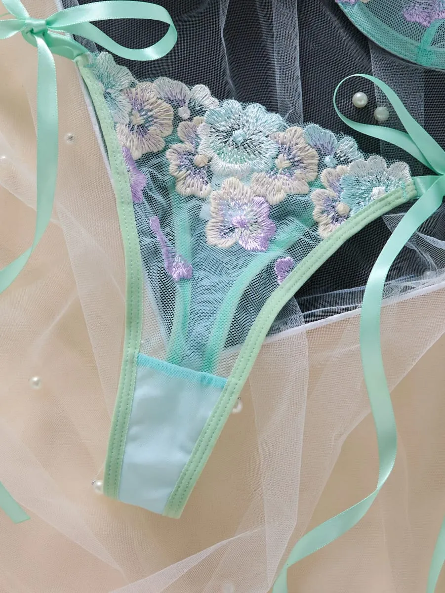 Women Sweet Flower Embroidered Lace Bra Set With Underwire Transparent Mesh Side Bow Panties Romantic Lingerie S-XL Sizes