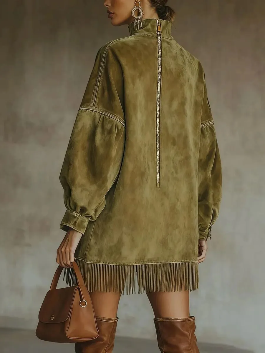Fashion Retro Suede Tassel Mini Dress High Neck Long Sleeve Pockets Fringe Hem Dress Army Green Brown Autumn Party Dress