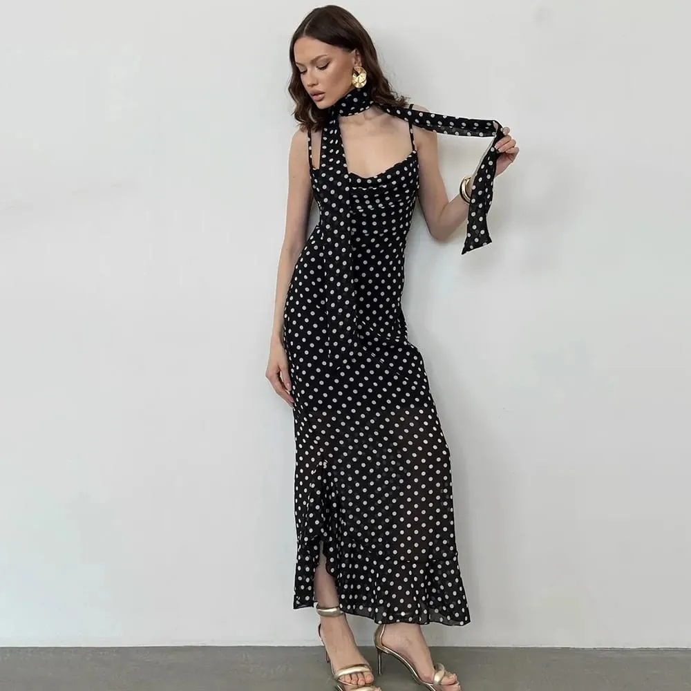 Tuularose Elegantes, gepunktetes langes Kleid für den Sommer, Schal, Band, Rüschen, Neckholder, Faltenkleid, luxuriös, ärmellos, Damen-Abendkleider