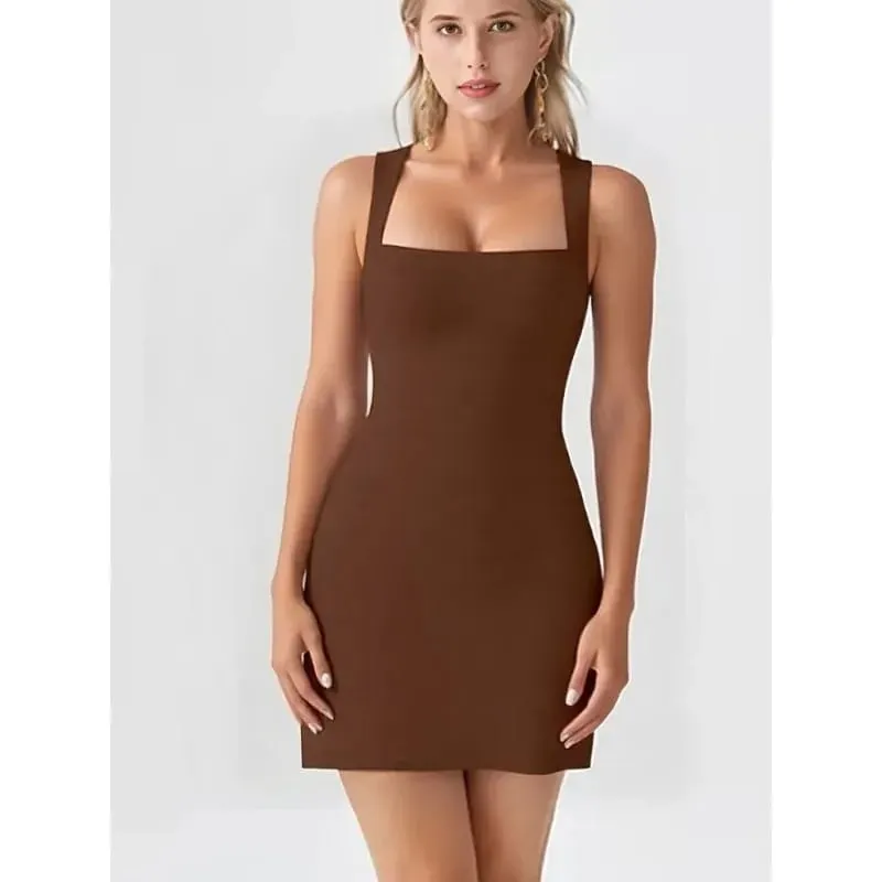 Summer Elegant Solid Color Simple Square Neck Sleeveless Short Dressest New Fashion Versatile Casual Women's Slim Basics Dress
