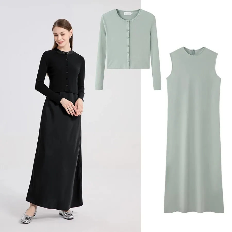 AS 2024 abbigliamento donna top avvolgenti chiusi a costine elasticizzati + abito in raso opaco Maxi set coordinati (spedizione in 1 giorno)