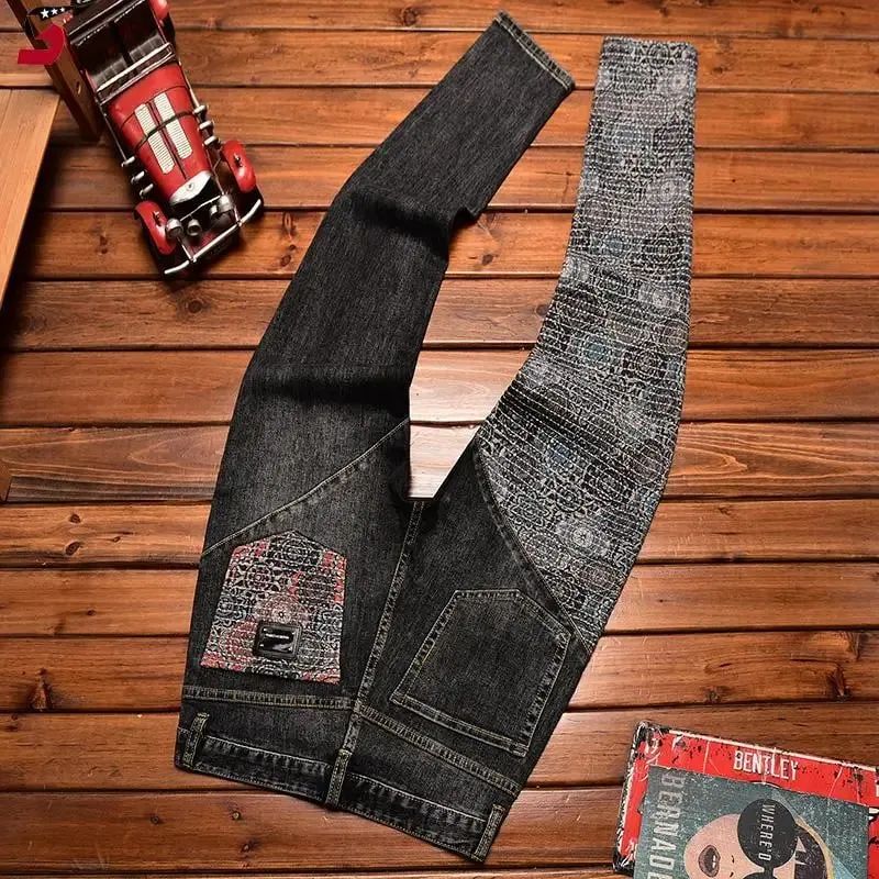 Stitching Embroidered Jeans Men's Contrast Color Fashion Stretch Slim Fit Skinny Personality Trend Fashion Motorcycle Trousers