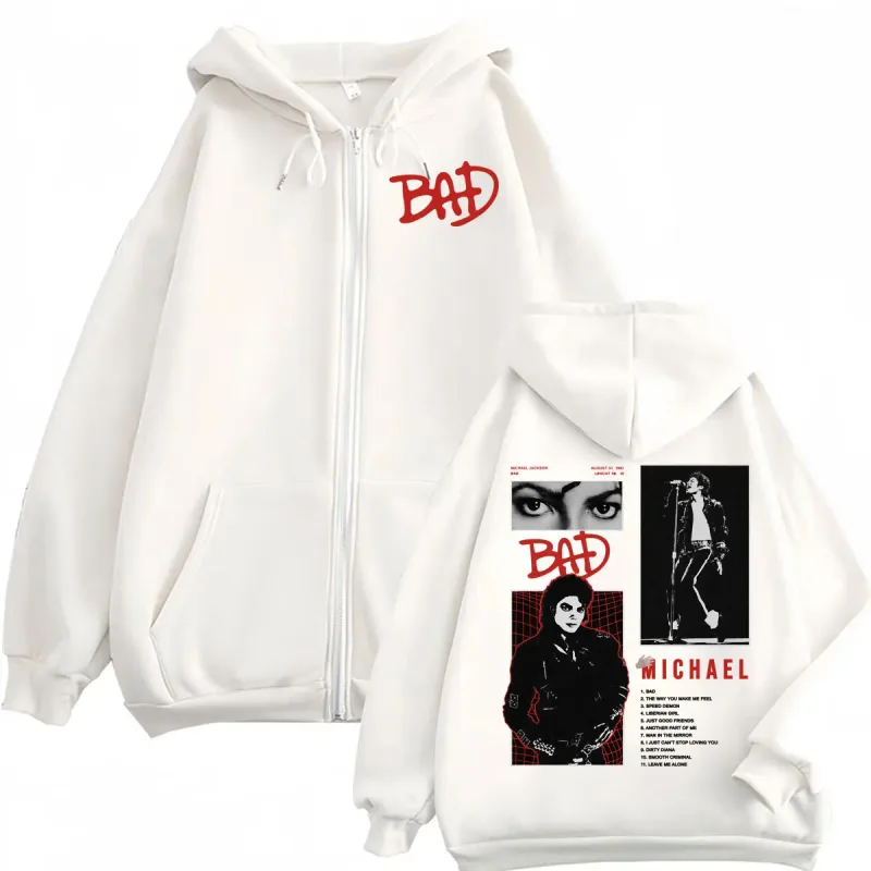King of Pop Michael Jackson Bad Era Tour Zip Up Hoodies Men Women Fashion Harajuku Jacket Sweatshirts Casual Fleece Zipper Coats
