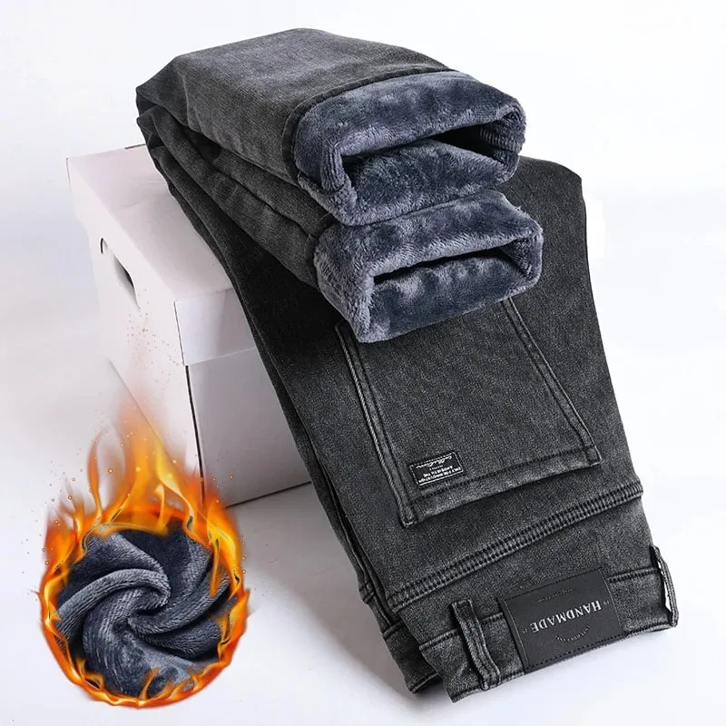 2027 New In Slim Straight Elastic Denim Winter Fleece Thick Warm Jeans Men's Pants Casual Male Clothing Fashion Plush Trousers