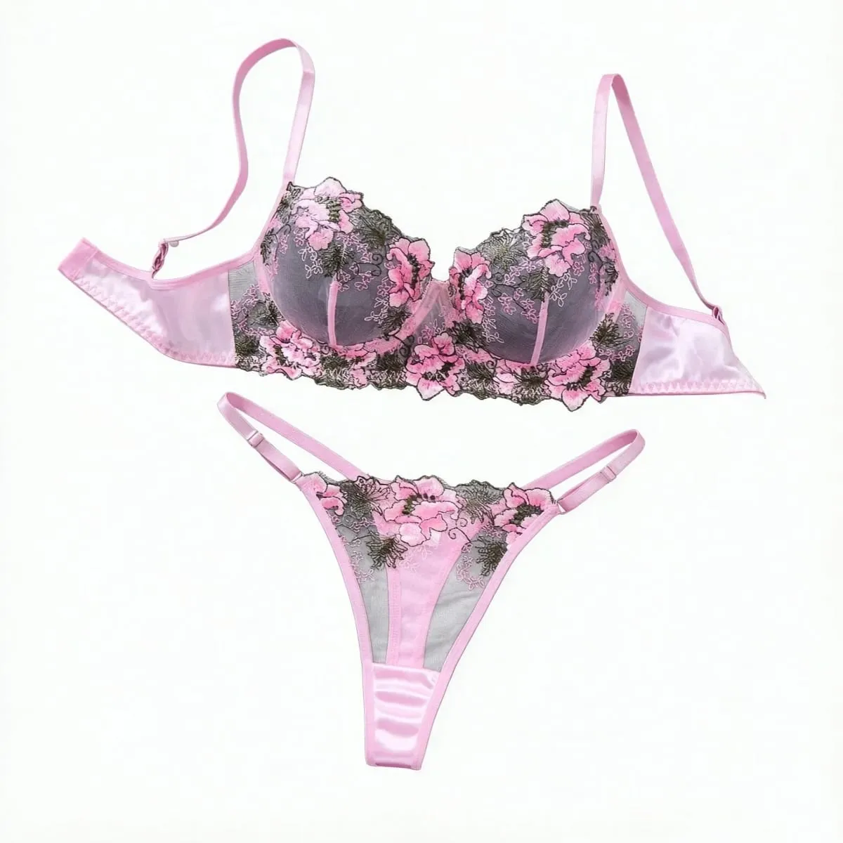 Ensemble de Lingerie en dentelle brodée florale rose élégant pour femmes soutien-gorge Push Up string maille Satin sous-vêtements intimes romantiques ZA825146