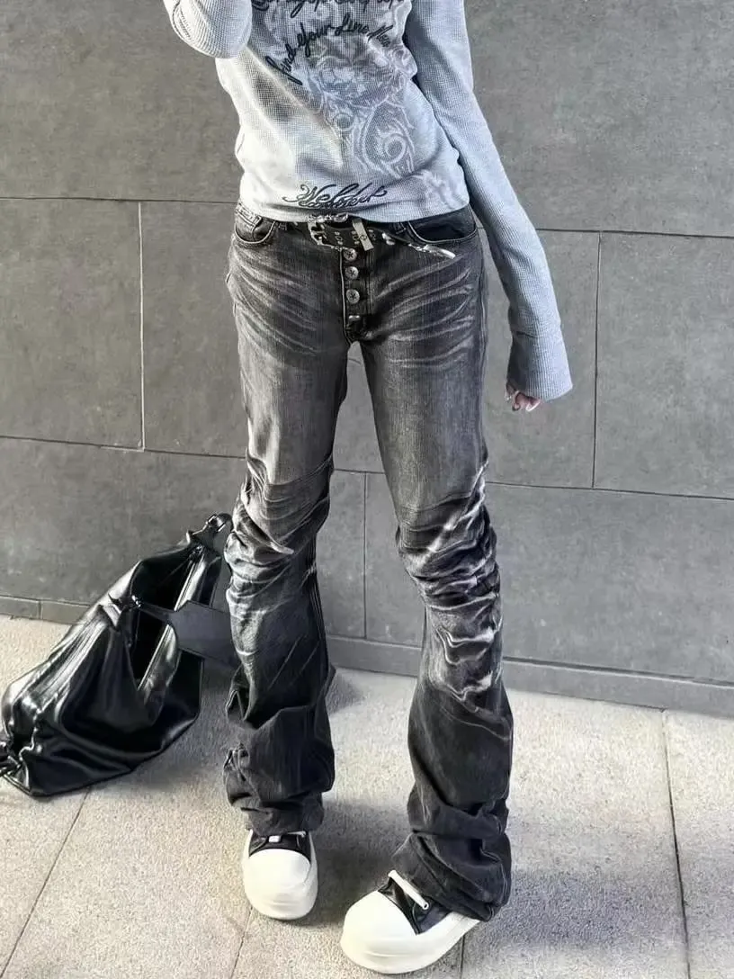 Women American Retro Y2K Flare Jeans White Washed Patchwork Y2K Vintage Hrajuku Punk High Waist Slim Streetwear Denim Pants