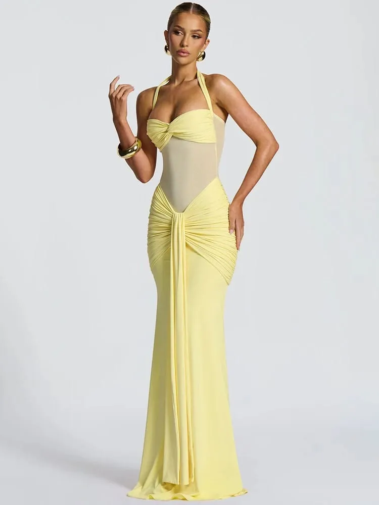 Mozision Halter, hát nélküli szexi maxi ruha női divatos patchwork, váll nélkül, ujjatlan, rovátkolt, drappos Bodycon klubruha