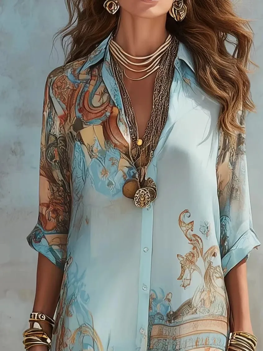 Elegant Shirt Dress for Women Chiffon Digital Print Turndown Collar Single-breasted Dresses Flowy Casual Boho Summer Clothing