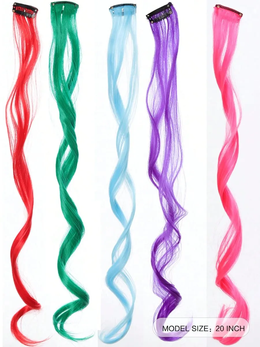 10pcs Colorful Hair Extensions Curly One Clip in Synthetic Long Hairpiece For Girls Women Multi-colors Party Highlights WigPiece