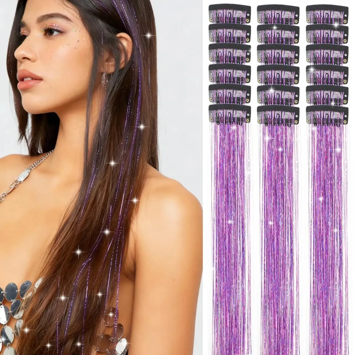 12 Pcs Clip in Hair Tinsel Sparkly Glitter Fairy Hair Extensions Shiny Hair Accessories For Girls Women Kids Party Festival