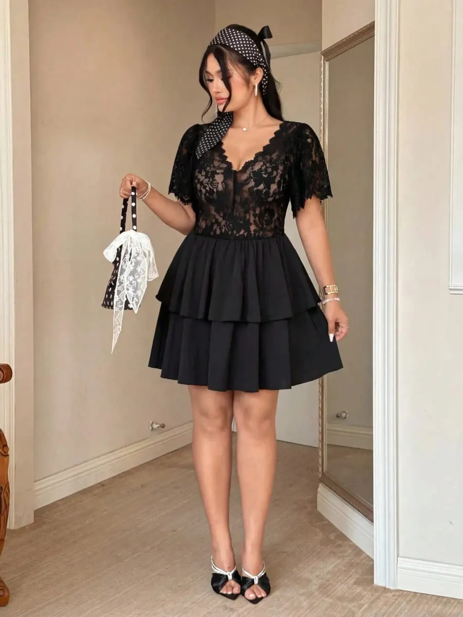 Elegant Lace Hollow Patchwork Cake Dress Plus Size Women's Dress Summer Vintage Ruffle Hem Party Evening Gown