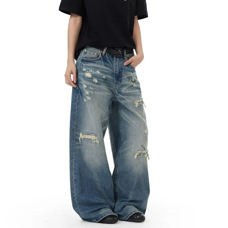 Retro Men's Washed Blue Jeans Distressed Straight Leg High Waist Loose Casual Wide Leg Denim Long Pants Fashion New 9X3258
