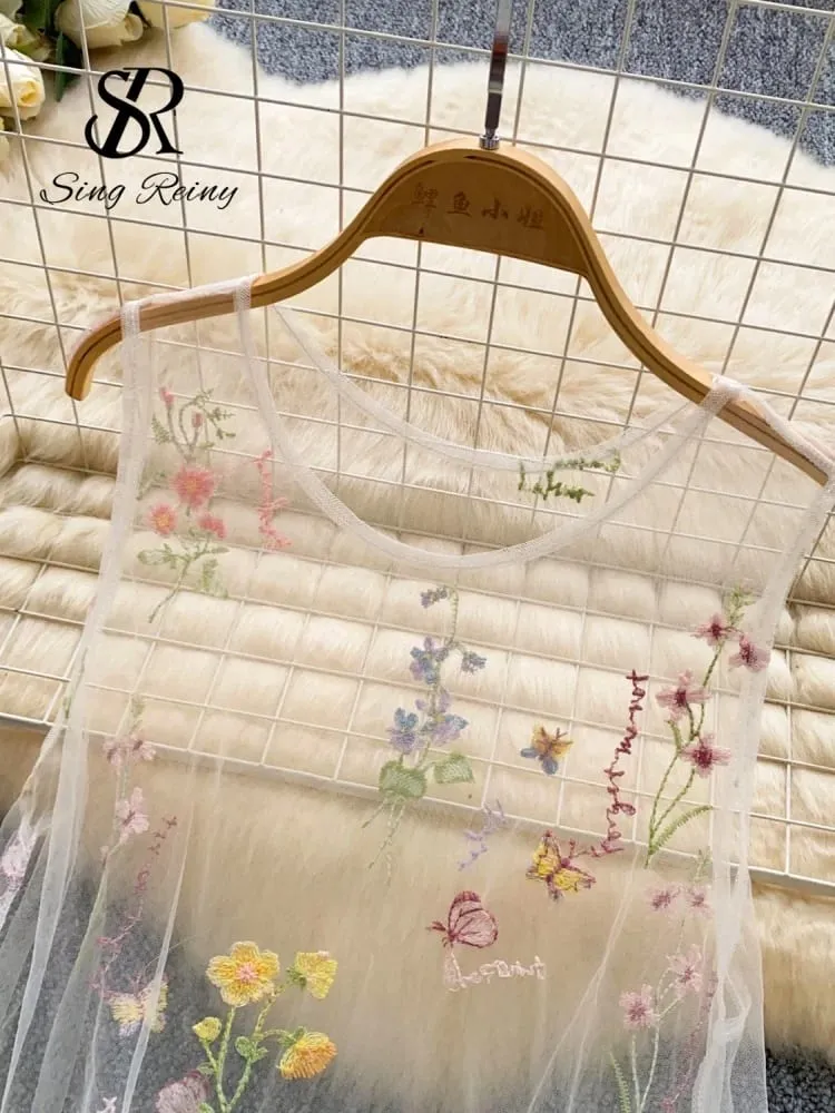 Holiday Floral Embroidery Long Dress 2026 Women O Neck Sleeveless Loose Irregular Summer French Mesh Bohemian Sundress