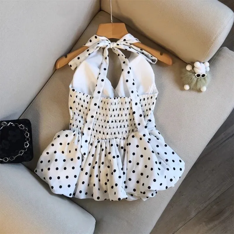 Backless Sexy Halter Beach Babydoll Crop Tops Women Polka Dots V neck Sleeveless T shirt Ruffles Basic Basic Tees Casual New