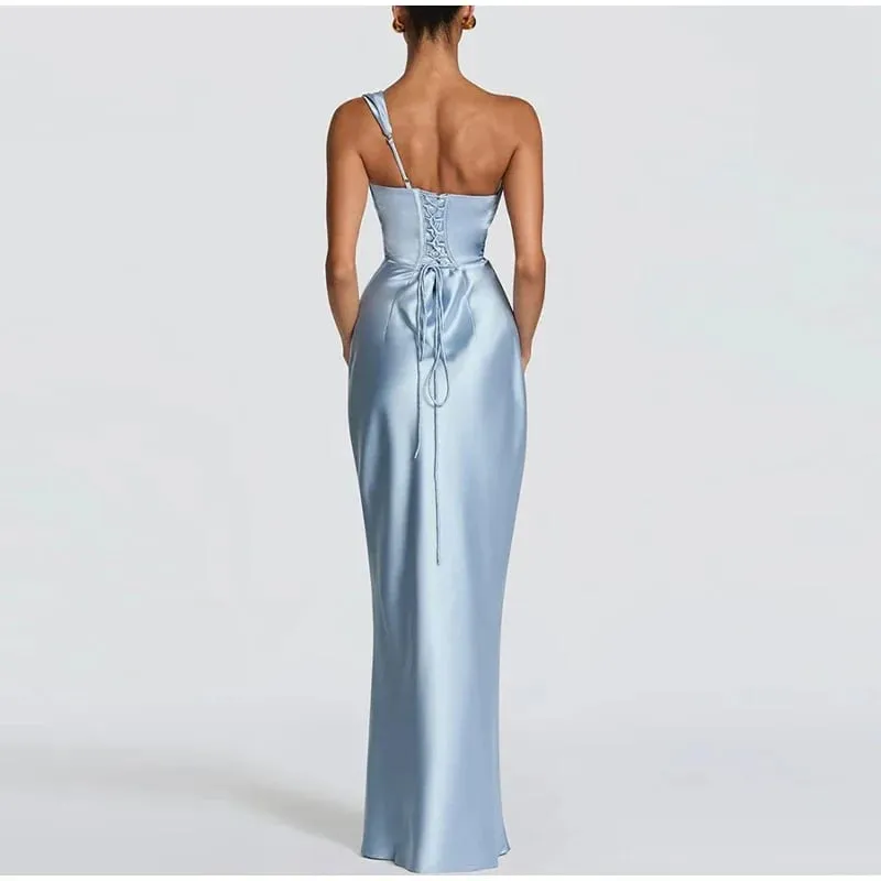 New One Shoulder Satin Women 's Maxi Dress Cowl Neck Ruched Waist Bodycon Dresses Summer Woman Formal Evening Party Vestidos