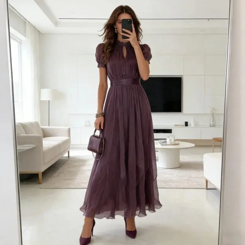 Elegant Chiffon Lace Trim Midi Dress Stand Collar Neck Puff Sleeve Cinched Waist Draped A Line Flowy Women's Casual Dresses
