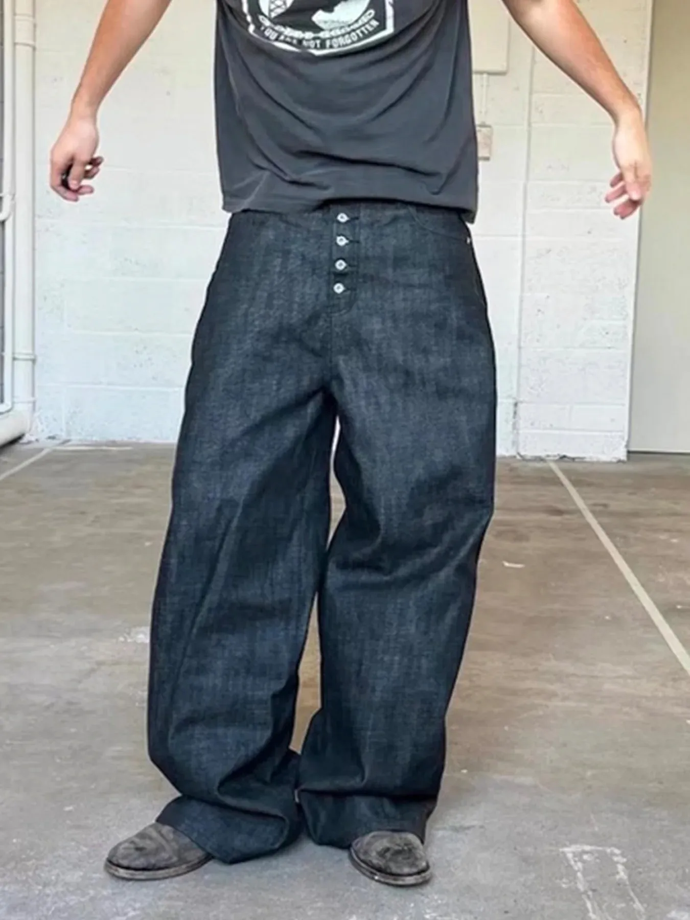 Men Women High Street Jeans American Retro Button Up Baggy Denim Dark Blue Original Vintage Casual Streetwear Trousers