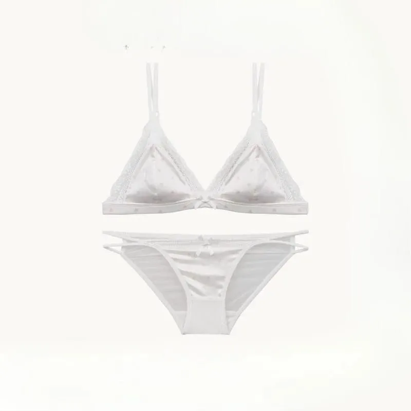 French Style Triangle Cup Satin Lace Lingerie Set Wireless Small Bust Gathered Thin Soft Fabric Sexy Daily Underwear S-XL Suit