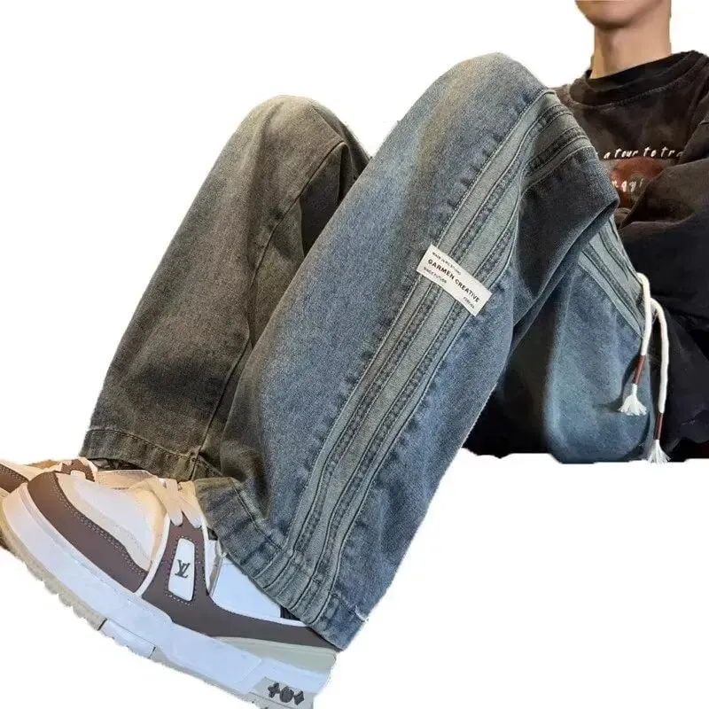 Three bar American retro jeans men's spring and autumn new style high street elastic waist loose casual men's straight leg long