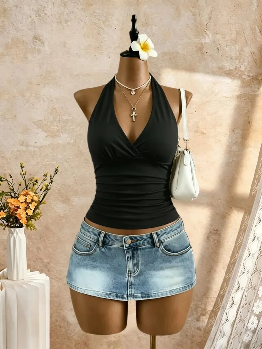 Women Halter Deep V Neck Wrap Front Side Ruched Waist Sleeveless Crop Cami Top Solid White Slim Fit Summer Beach Vacation Casual
