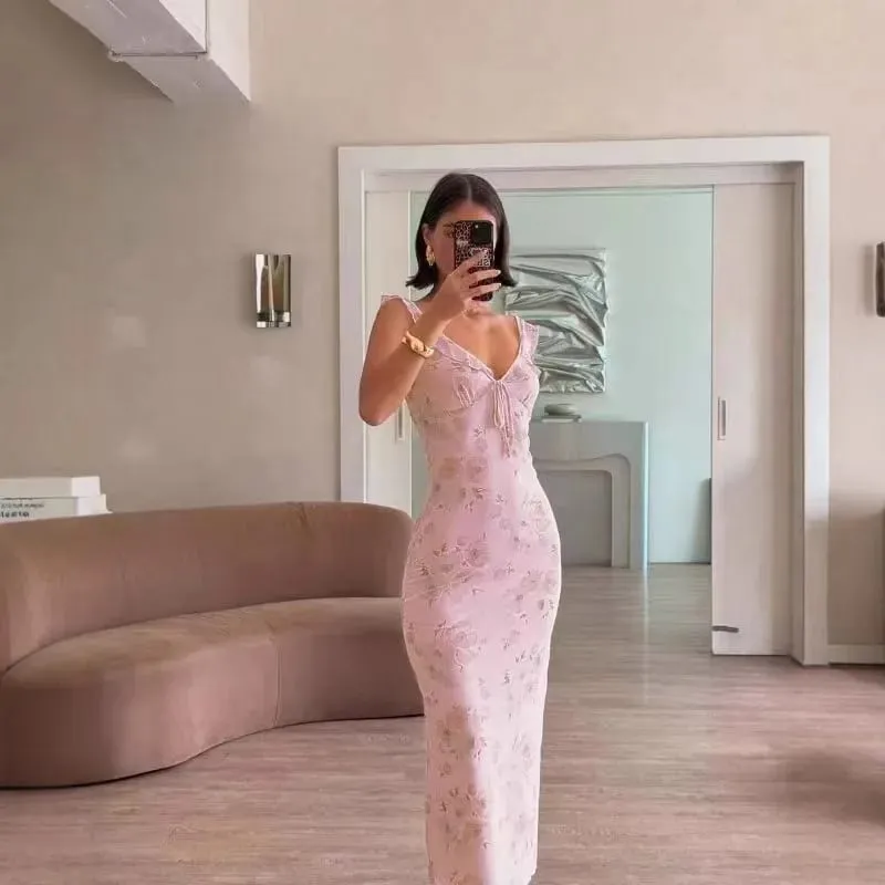 FL New Summer Flower Printed Women's Sexy Low-cut Dress Sleeveless Backless Slim Sling Dresses 2025 Beach Vacation Lady Vestidos