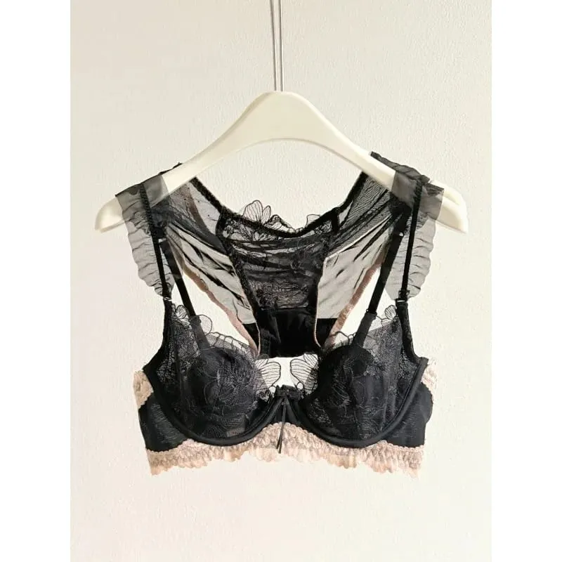Lace Floral French Bra Set Soft Underwire Ultra Thin Bunny Cup Plus Size Minimizer Bra Sexy Lingerie Set For Women Daily Wear