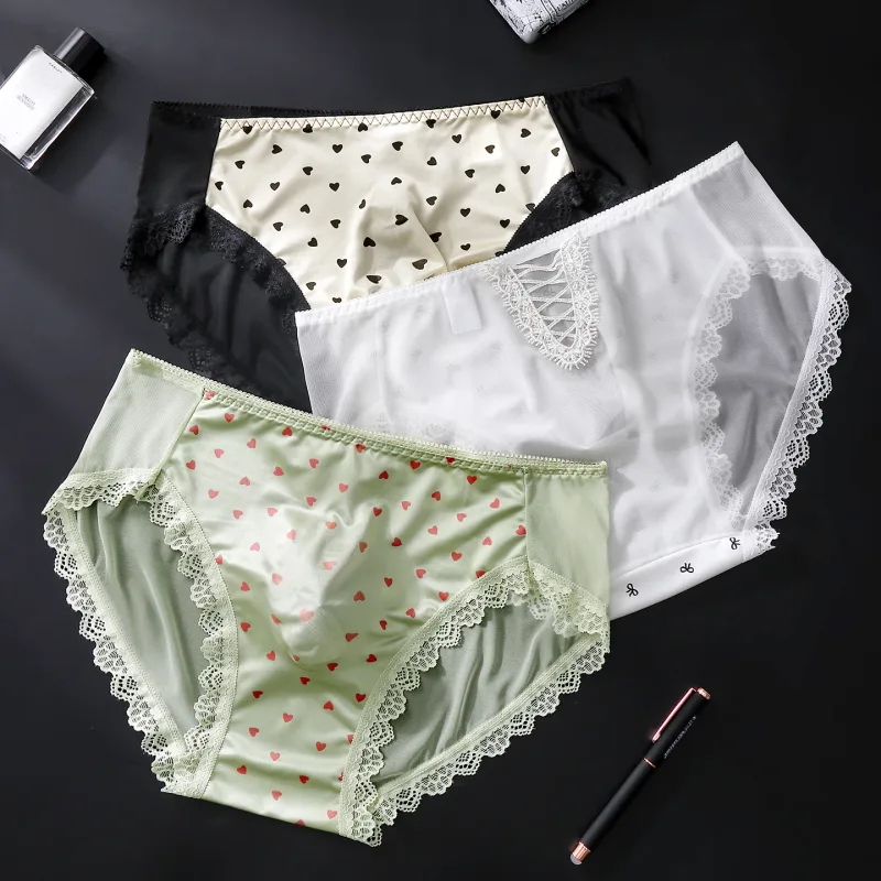 Sexy Lace Mens Briefs 3D Pouch Floral Edge High Elastic Sweet Heart Bow Print Mesh Splicing Underwear